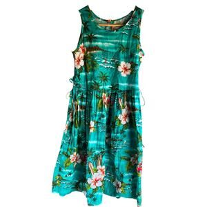 Hilo Hattie Hawaiian Dress Sleeveless Knee Length Beach Floral Green Size Medium